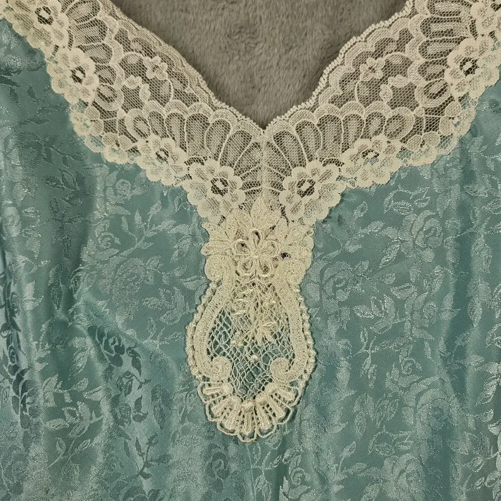 Vintage Lucie Ann II Nightgown Womens M‎ Blue Floral Satin Lace Bridal Lingerie